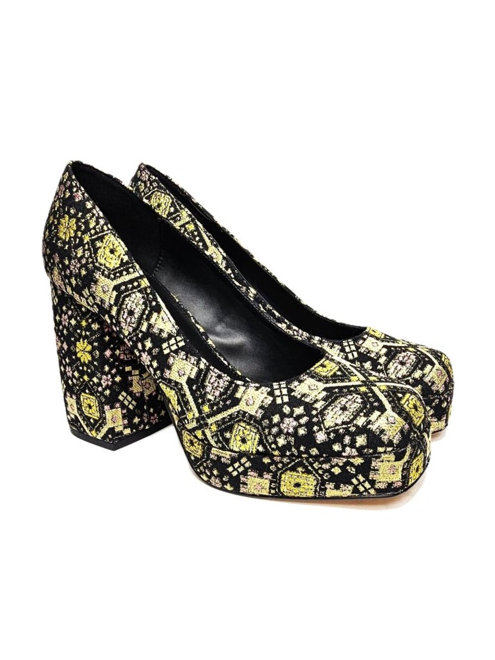 Katy Perry The Uplift Pump Sz 8.5 Black Gold Brocade Platform Block High Heels - Picture 10 of 10